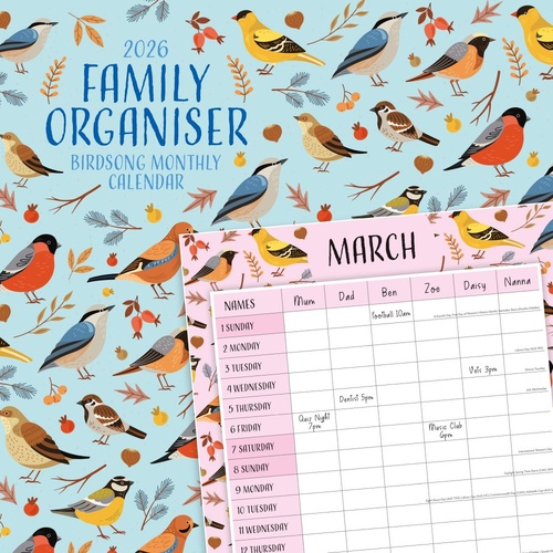 Family Organiser - Birdsong- 2026 Red Robin Square Wall Calendar Monthly Planner