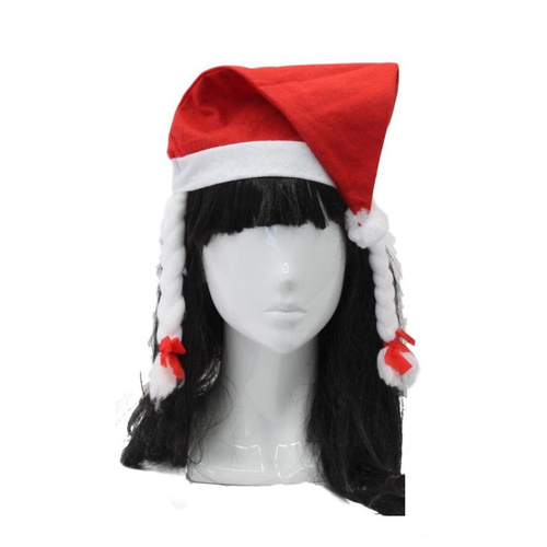 Santa Hat Costume Christmas Dress Up Unisex Adults Kids Novelty Xmas Party Cap [Design: Santa Hat w Braids]