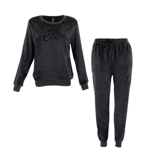 FIL Women's Plush 2pc Set Loungewear Soft Fleece Sleepwear Pajamas PJs - Love [Size: 8] [Colour: Black]
