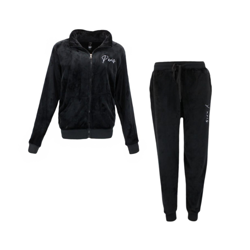 FIL Women's Zip 2pc Set Jacket Loungewear Velvet Soft Fleece Pajamas PJs Paris [Size: 8] [Colour: Black]