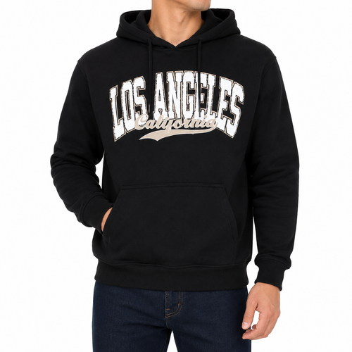 FIL Mens Fleece Hoodie Pullover Hooded Embroidered Jumper Sweater- LOS ANGELES [Size: XS] [Colour: Black]