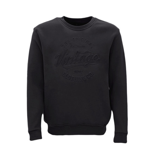 Men's Fleece Pullover Jumper Crew Neck Sweatshirt Embossed Hidden Pockets Vintage [Size: S] [Colour: Black]