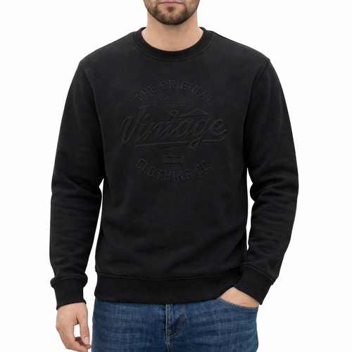 Men's Fleece Pullover Jumper Crew Neck Sweatshirt Embossed Hidden Pockets Vintage [Size: S] [Colour: Black]