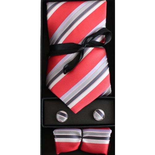 Men's Fashion 100% Silk  Neckties Tie, Cufflinks & Handkerchief Set  Stripes Dot [Design: RED001] 