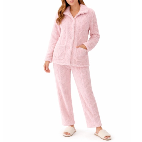 FIL Women's Fleece Lounge Set Cable Knit Top Pants Soft Warm Pyjamas Set [Size: 8] [Colour: Light Pink]