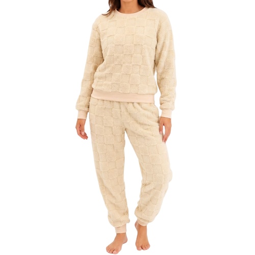 FIL Womens Plush Fleece Lounge Set Soft Warm 2 Piece Pyjama Sleepwear Set [Size: 8] [Colour: Cream]