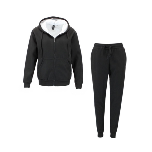 FIL Women's Waffle Weave Winter Sherpa Fur Tracksuit 2pc Set Loungewear Track Pants [Size: 10] [Colour: Black]
