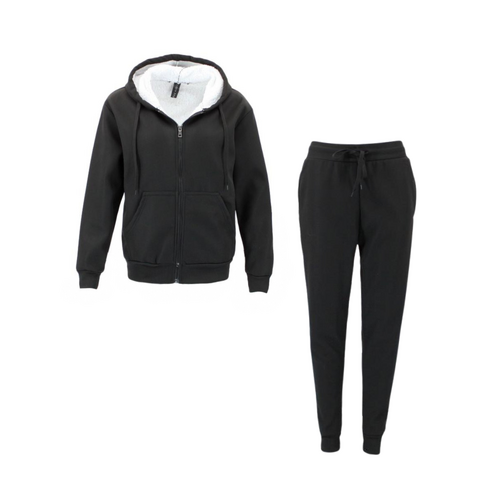FIL Women's Waffle Weave Winter Sherpa Fur Tracksuit 2pc Set Loungewear Track Pants [Size: 8] [Colour: Black]