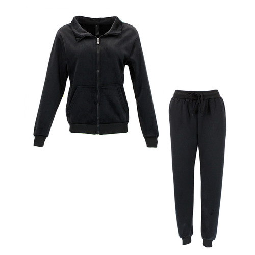 FIL Women's 2pc Set Zip up Track Top Pants Loungewear Velour Fleece [Size: 8] [Colour: Black]