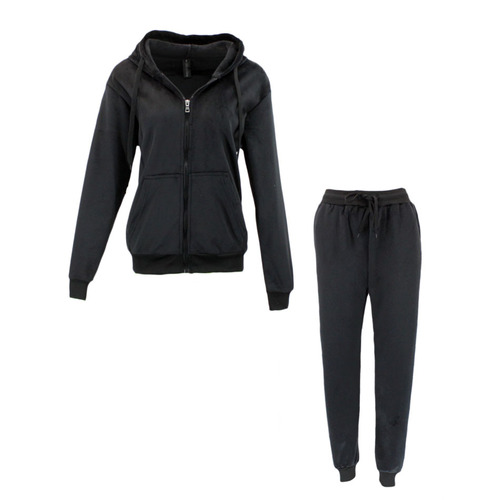 FIL Women's Zip 2pc Plain Set Hoodie Loungewear Velvet Fleece Sleepwear Pajamas PJs [Size: 8] [Colour: Black]