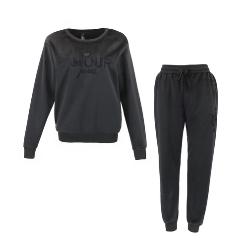 FIL Women's Fleece Pajama Tracksuit 2 pc Set Hoodie Track Pants Loungewear - Amour Paris [Size: 12] [Colour: Black]