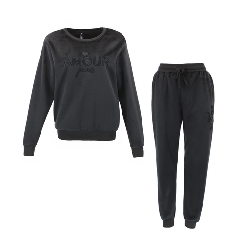 FIL Women's Fleece Pajama Tracksuit 2 pc Set Hoodie Track Pants Loungewear - Amour Paris [Size: 8] [Colour: Black]
