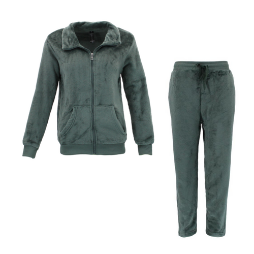 FIL Women's Zip up Track Top Pants 2pcs Set Loungewear Velour Fleece [Size: 8] [Colour: Dark Green]