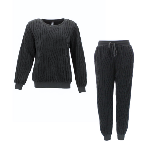 FIL Women's 2pc Set Teddy Fleece Pullover Sherpa Loungewear Sleepwear Pajamas PJ [Size: 10] [Colour: Black]