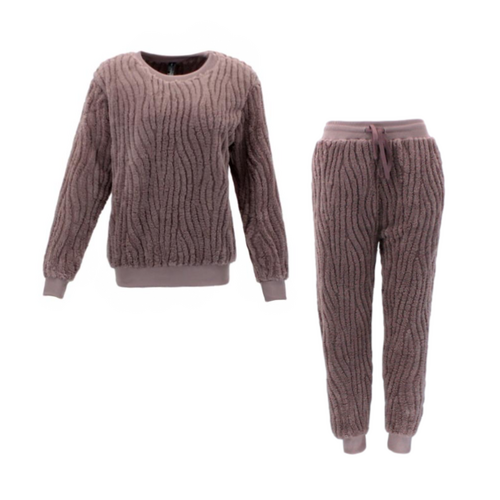 FIL Women's 2pc Set Teddy Fleece Pullover Sherpa Loungewear Sleepwear Pajamas PJ [Size: 8] [Colour: Rose Taupe]