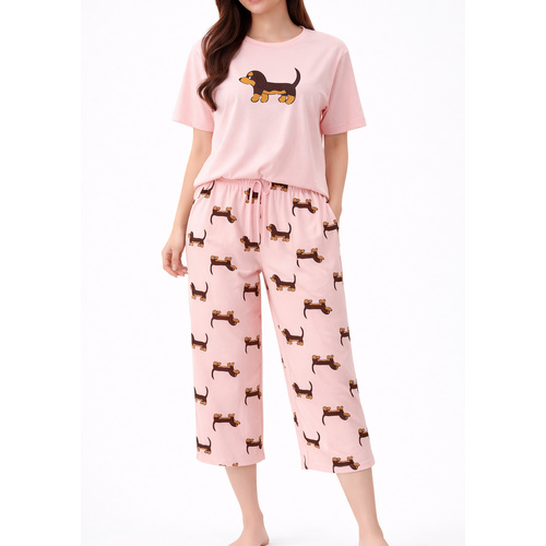 FIL Womens Dachshund Dog Pyjama Lounge Set Short Sleeve Top & 3/4 Pants PJs [Size: 8] [Colour: Pink]