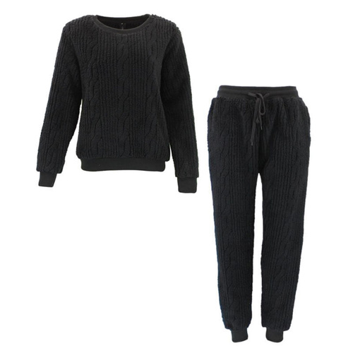 FIL Women's Teddy Fleece Loungewear Set 2 Piece Jumper & Pants Winter Sleepwear [Size: 16] [Colour: Black]