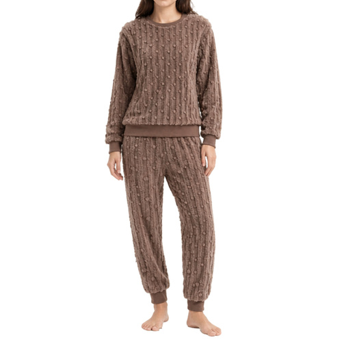FIL Women's Fleece Loungewear Set Top & Pants Soft Warm Sleepwear Pyjamas 2pc [Size: 8] [Colour: Mocha Brown]