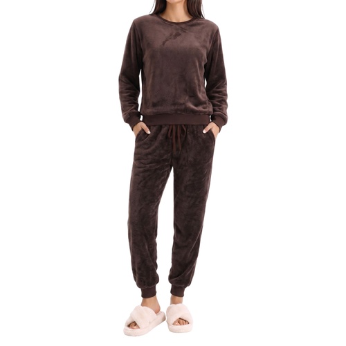 FIL Womens Plush Fleece Lounge Set Soft Warm 2 Piece Tracksuit Jogger Sleepwear [Size: 8] [Colour: Chocolate]