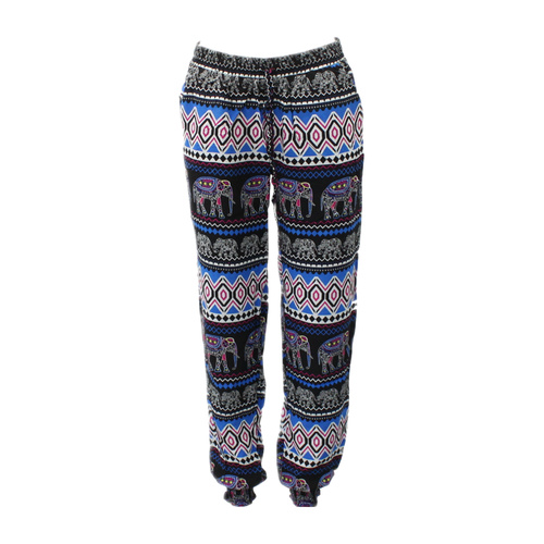 Women's Harem Pants Long Comfy Loose Boho Slim Cuff Trousers Elephant Print [Size: XS] [Colour: Blue]