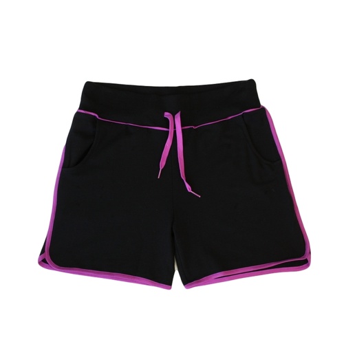 Women Ladies Casual Gym Sports Training Jogging Running Shorts w Drawstring [Colour: Black with Purple stripes] [Size: L] 