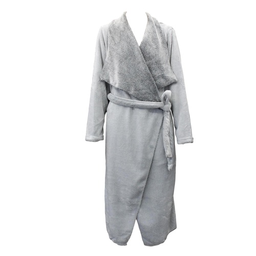 Women's Supersoft Waterfall Collar Coral Fleece Bath Robe Bathrobe Dressing Gown [Size: S-M] [Colour: Light Grey]