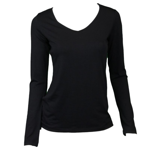 NEW Women's Long Sleeve V Neck Soft Stretch T Shirt Tee Top Basic Plain Colours  [Size: XS] [Colour: Black]