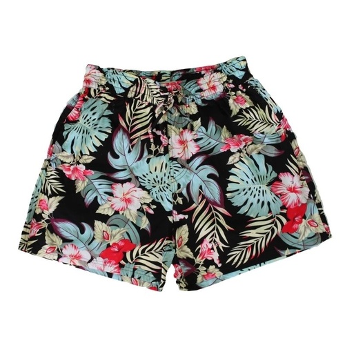 NEW Men's Hawaiian Beach Board Shorts  Tropical Casual 100% Cotton Elastic Waist [Size: S] [Design: Black Tropic]