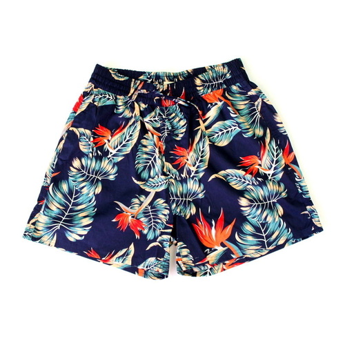 NEW Men's Hawaiian Beach Board Shorts  Tropical Casual 100% Cotton Elastic Waist [Size: S] [Design: Navy Flower] 