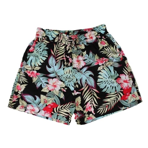 NEW Men's Hawaiian Beach Board Shorts  Tropical Casual 100% Cotton Elastic Waist [Size: XL] [Design: Black Tropic]