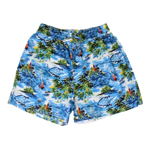 NEW Men's Hawaiian Beach Board Shorts  Tropical Casual 100% Cotton Elastic Waist [Size: XXL] [Design: Blue Island]