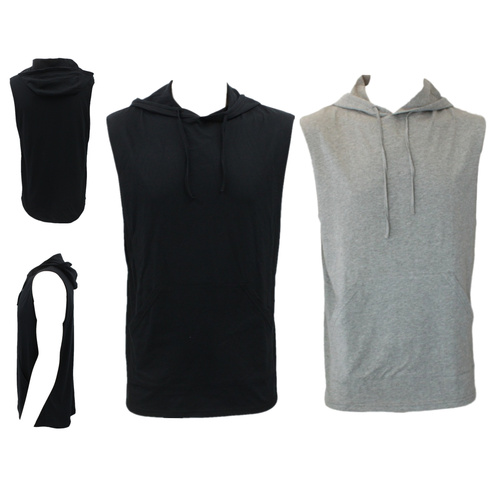 Men's Sleeveless Hoodie Top w Pockets Hooded Gym Muscle Top Vest Hoody Cotton [Size: S] [Colour: Black]