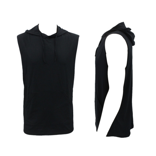 Men's Sleeveless Hoodie Top w Pockets Hooded Gym Muscle Top Vest Hoody Cotton [Size: L] [Colour: Black]