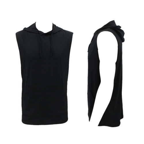 Men's Sleeveless Hoodie Top w Pockets Hooded Gym Muscle Top Vest Hoody Cotton [Size: M] [Colour: Black]