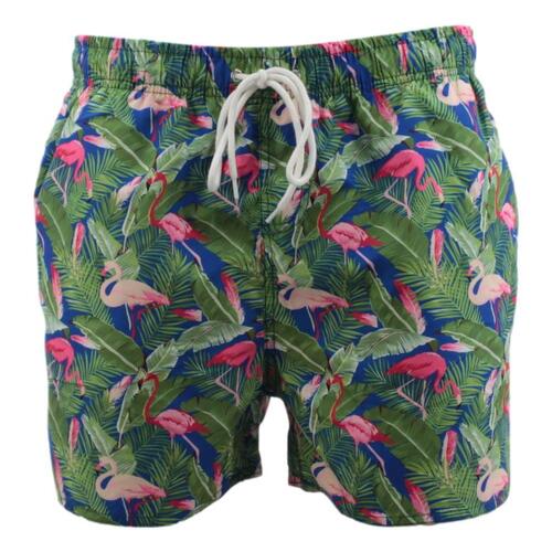 Men's Hawaiian Beach Board Shorts Swim Trunks Casual Elastic Waist w Mesh Lining [Size: S] [Design: Flamingos]