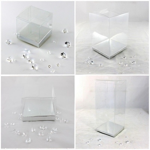 20 CLEAR PVC Boxes w Base 14 SIZES Wedding Party Bomboniere Candy Favor Favour [Size: 5L x 5W x 5H cm] [Base Colour: Silver]