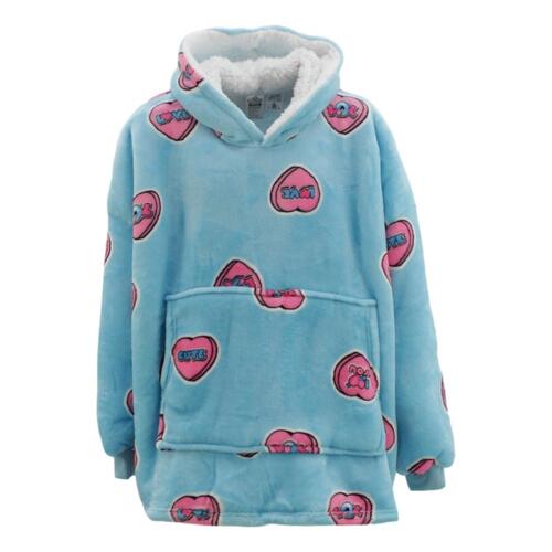 FIL Oversized Hoodie Blanket Plush Warm Big Fleece Soft Pullover Adult Kids [Design: Hearts/Blue (Kids)]