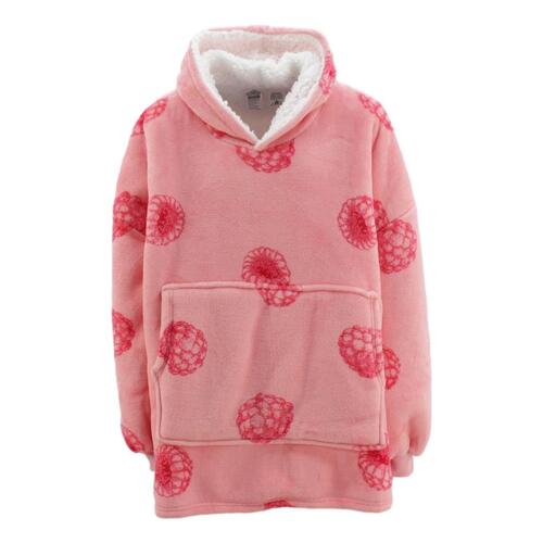 FIL Oversized Hoodie Blanket Plush Warm Big Fleece Soft Pullover Adult Kids [Design: Raspberries/Pink (Kids)]