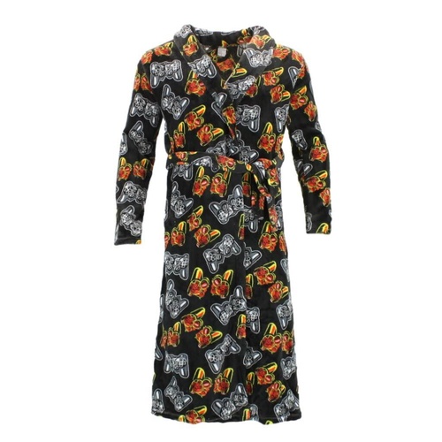 FIL Men's Flannel Fleece Dressing Gown w Print Bath Robe Super Soft Plush [Size: XL] [Colour: Black/Gaming]