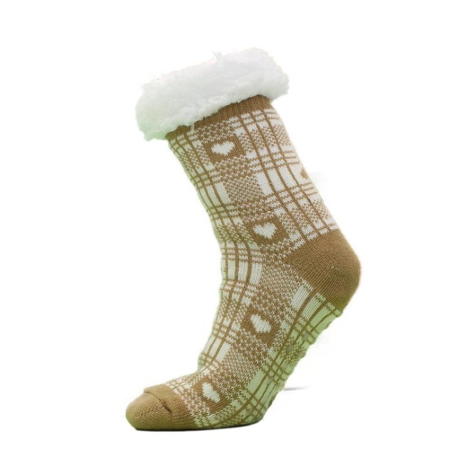 Women's Home Socks Sherpa Fleece Lined Thermal Lounge Slipper Non-Slip [Design: Plaid/Latte Hearts]