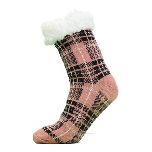 Women's Home Socks Sherpa Fleece Lined Thermal Lounge Slipper Non-Slip [Design: Plaid/Pink Black]