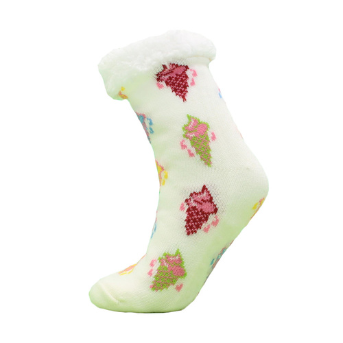 Women's Home Socks Sherpa Fleece Lined Thermal Lounge Slipper Non-Slip [Design: Ice-cream/White]