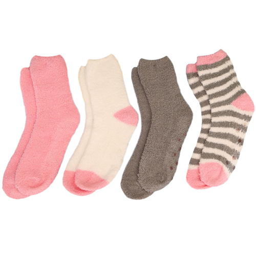 Women's Fuzzy Home Socks 4 Pairs Anti Slip Grip Warm Soft Lounge Slipper Socks [Design: Pink/White/Grey Mix B]