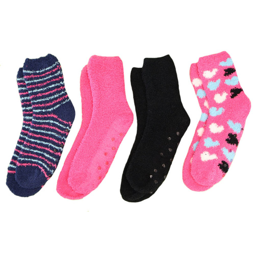 Women's Fuzzy Home Socks 4 Pairs Anti Slip Grip Warm Soft Lounge Slipper Socks [Design: Navy/Pink/Black Mix]