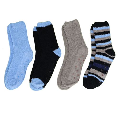 Men's Home Socks 4 Pack Anti Slip Fuzzy Lounge Slipper Socks Warm & Soft [Design: Blue/Black/Grey Mix]