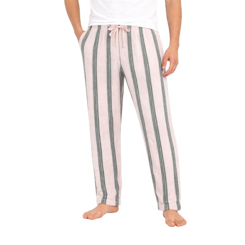 Men's Soft Plush Lounge Sleep Pyjama Pajama Pants Fleece Winter Sleepwear [Size: M] [Design: Sand Green/Stripe (Pockets)]