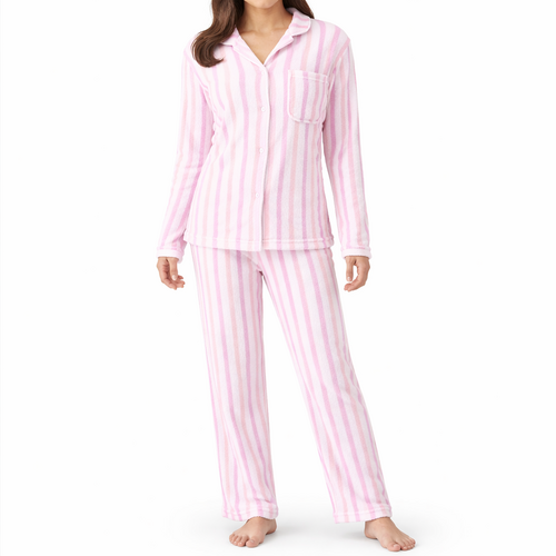 FIL Womens Plush Fleece Pyjama Set Soft Lounge Wear PJs Button Crew V Neck [Size: M] [Colour: Button Up - Pink Stripe]