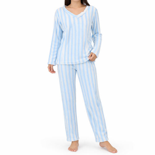 FIL Womens Plush Fleece Pyjama Set Soft Lounge Wear PJs Button Crew V Neck [Size: XL] [Colour: V Neck - Blue Stripe]