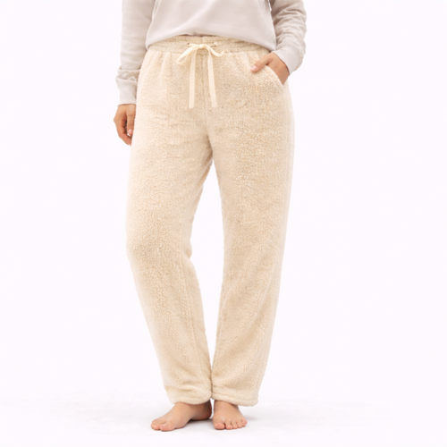 FIL Womens Teddy Fleece Pants Soft Plush Lounge Pyjama Bottoms Pockets [Size: 10-12] [Colour: Cream]