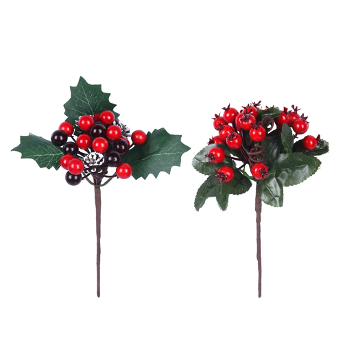 4x Christmas Berry Pick Red White Gold Holly Decoration Artificial Flower Pick [Design: Red Berry Pick A]